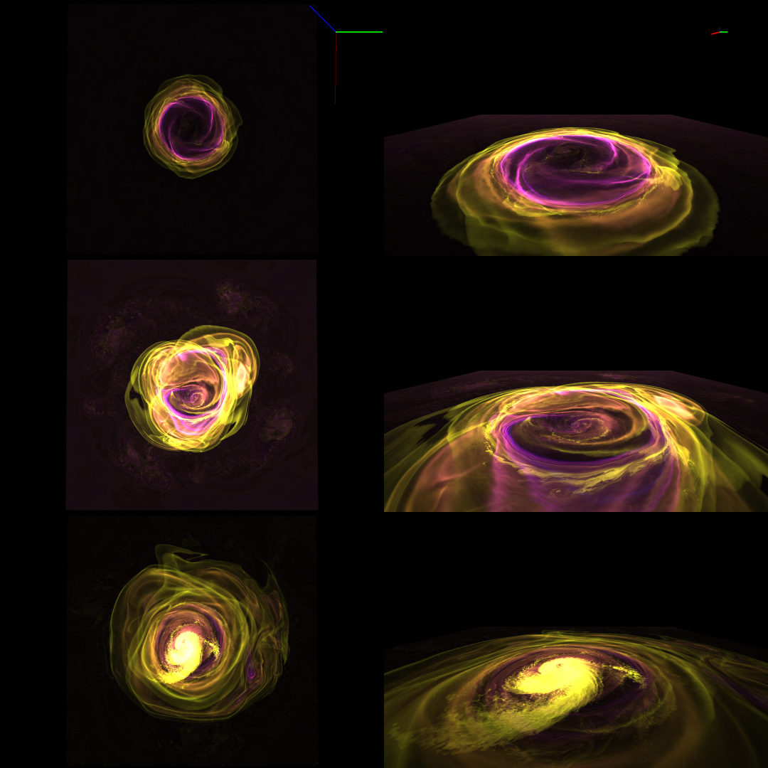 Astrophysicists at the State University of New York, Stony Brook, and University of California, Berkeley created 3D simulations of X-ray bursts on the surfaces of neutron stars. Two views of these X-ray bursts are shown: the left column is viewed from above while the right column shows it from a shallow angle above the surface. 